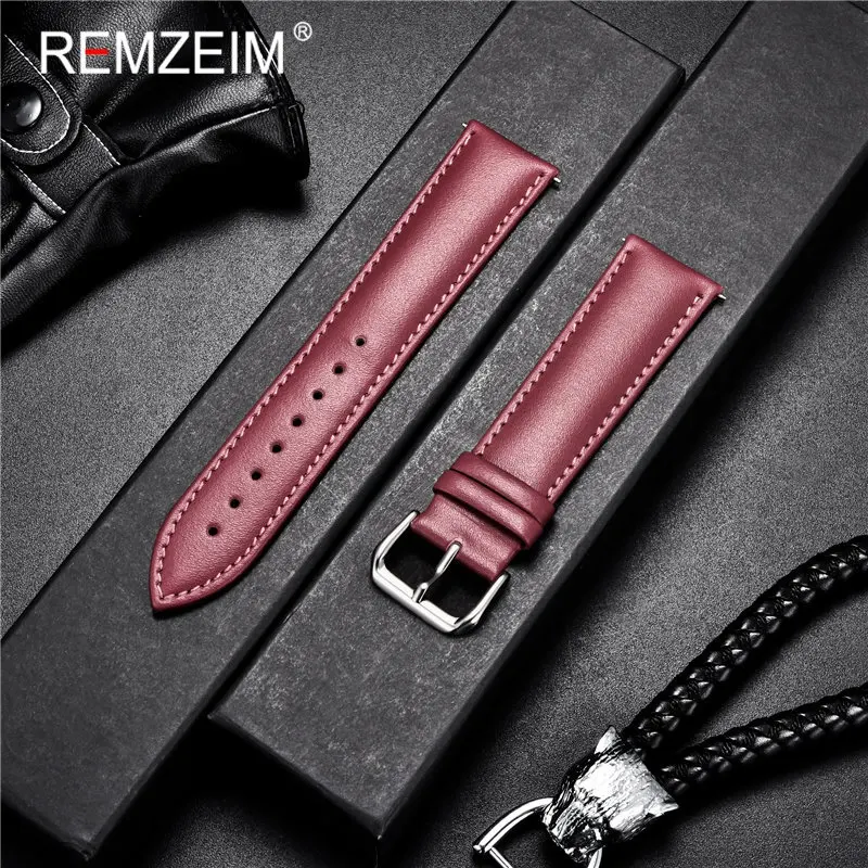 REMZEIM Soft Calfskin Leather Watch Straps Red Blue Green White Watchband 14mm 16mm 18mm 20mm 22mm Wrist Band Bracelet