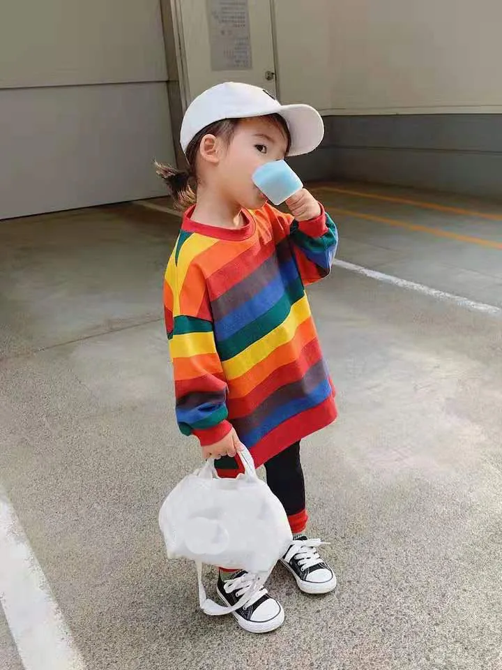 COOTELILI Baby Girls Sweatshirts Colorful Autumn Children Striped hoodies Long Sleeves Dress Coat for kids T-shirt clothes