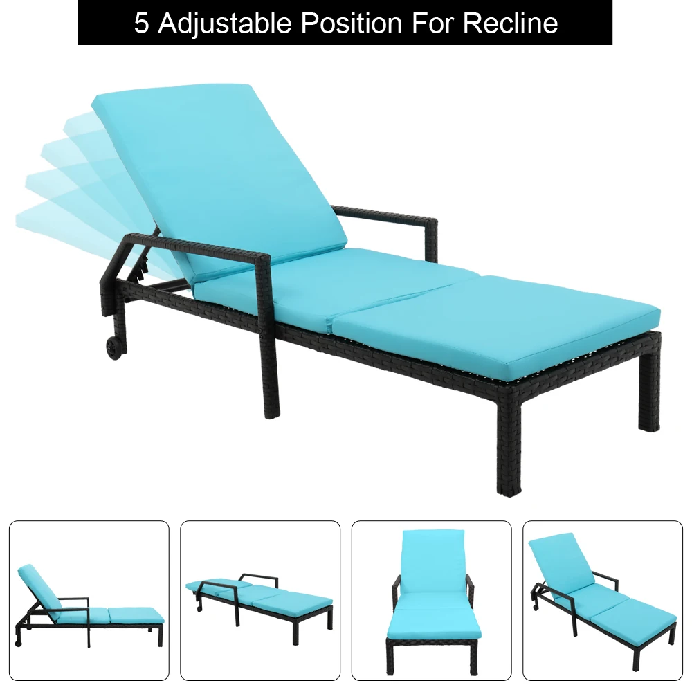 Wheeled Bed Outdoor Chaise Foldable PE Rattan Iron Polyester Cloth Vertical Cotton with Matching Mat