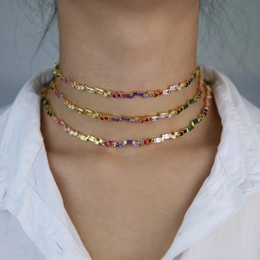 rainbow cz choker necklace gold color adjusted box chain multi layer 2020 new fashion collar chain