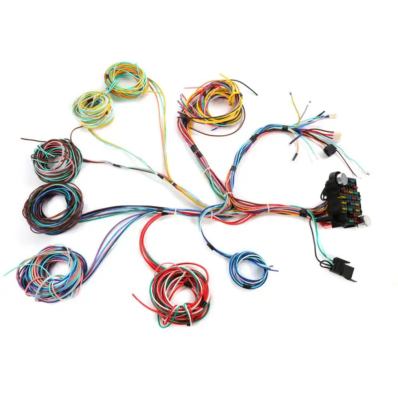 Universal 21 Circuit Wiring Harness Kit Fuse Box Wire Car Modification Harness For 12-volt Vehicle Engine Swaps w/ Instructions