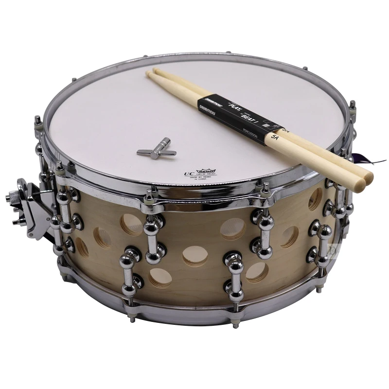 body hole birch wood snare drum 14inch x 6.5inch deep with free 1 pair 5A maple drum stick and 1 piece drum screw spanner