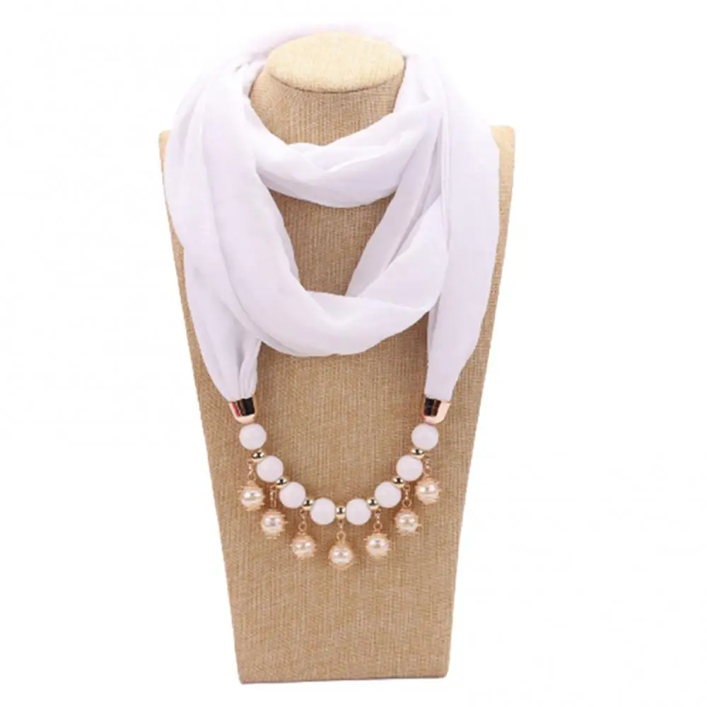 Écharpe en mousseline de soie pour femmes, collier Chic pour femmes, bijoux en perles, à la mode, écharpe de couleur unie