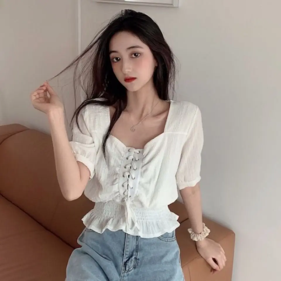 Blouses Women Chic Lace-up Design Simple All-match lovely ins Slim Summer Ladies Crop Tops Chiffon Soft Vintage Womens Shirts