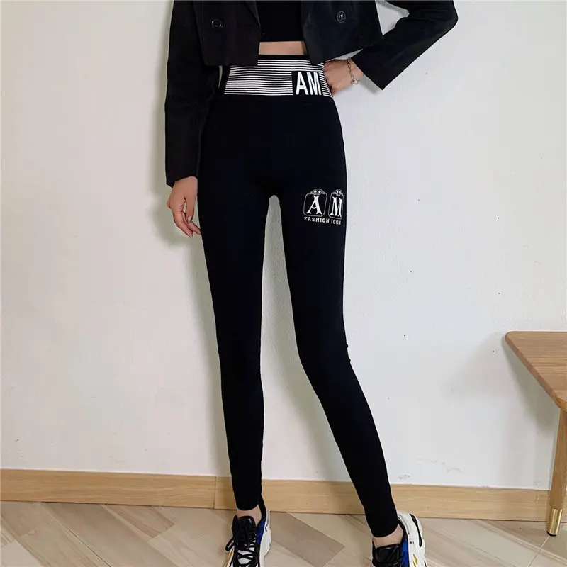 Black Letter Print High Waist Legging Pants Women 2022 New Spring Autumn Korean Fashion Stretchy Skinny Seamless Leggings Femme