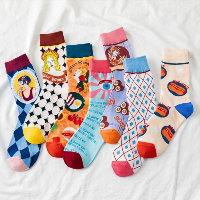 Spring Collection of Japanese Lolita Women's Wear Cartoon Woman, Eyes, Diamond, Diamond Squares,Hot Dog Pattern Cotton Socks