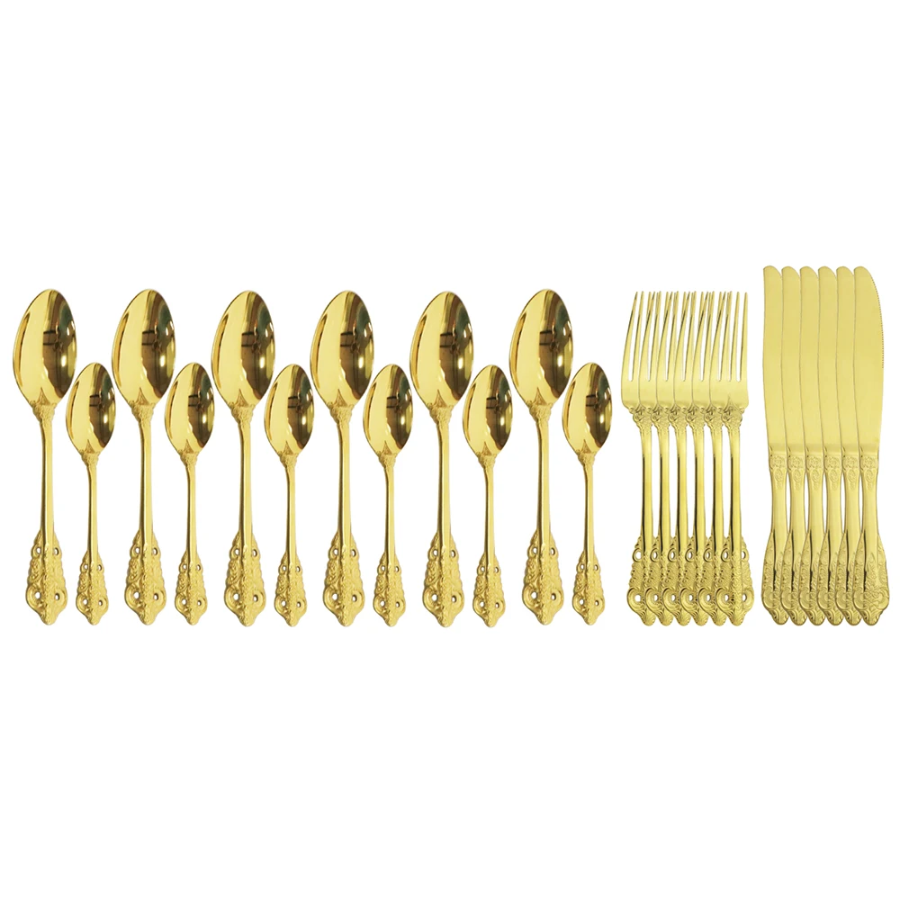 

24Pcs Gold Dinnerware Set Luxury Vintage Tableware Set 304 Stainless Steel Flatware Set Western Cutlery Set Knife Fork Spoon