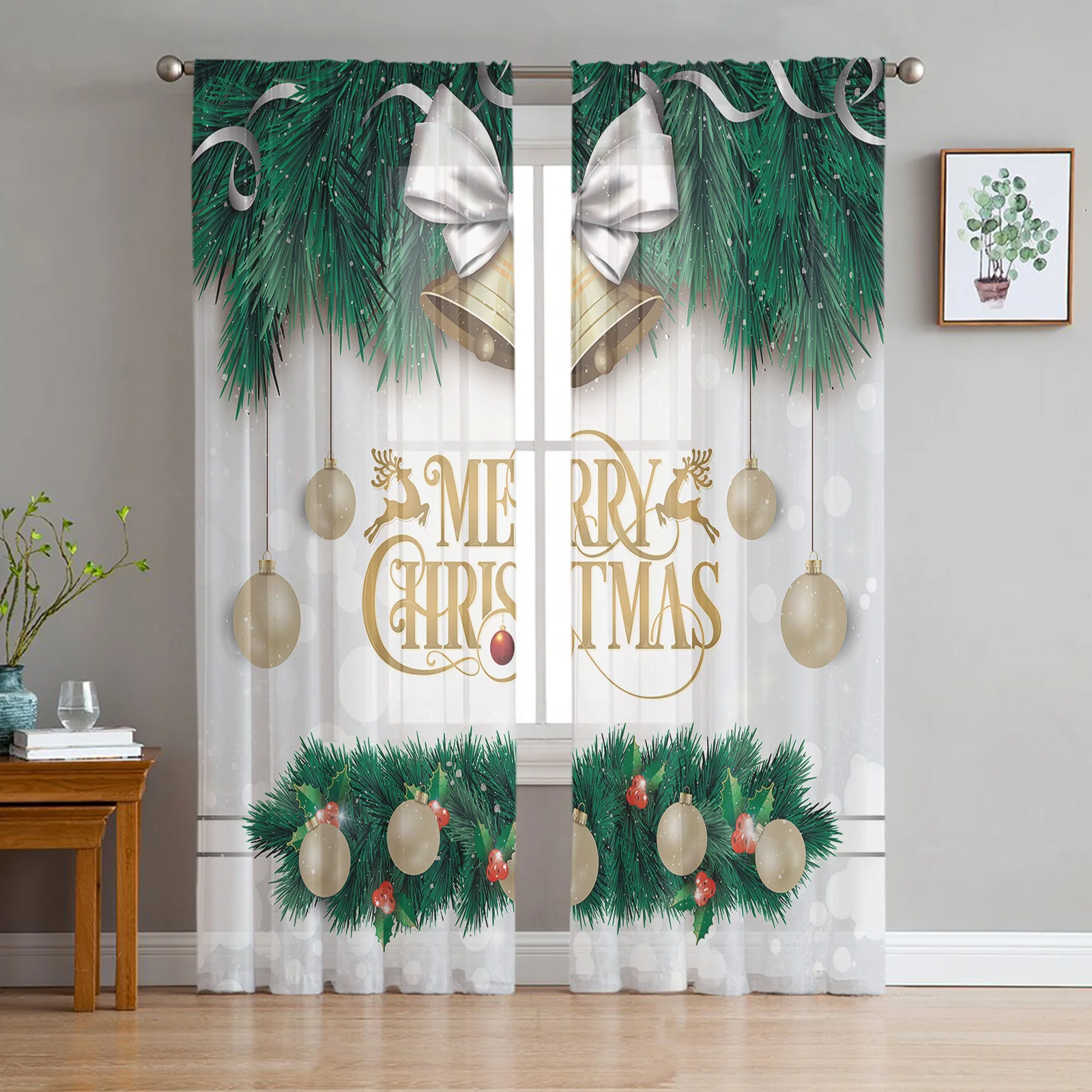 Christmas Bell Decoration Ball Sheer Curtains Christmas Decorations for Home Window Tulle Curtains For Living Room Bedroom