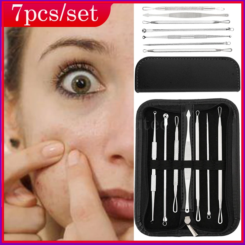 Set for Acne Blackheads Acne 7 Pieces Remove Black Dots Points Comedones Extractor Prick Loops Tweezers Spoons for Face Cleaning