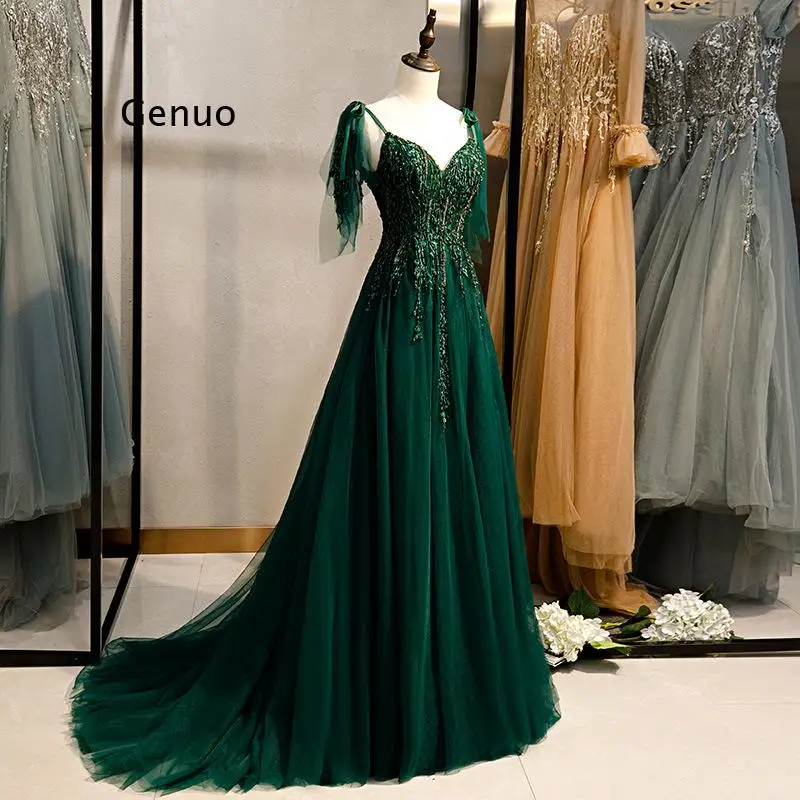 Women New Green Evening Party Dress Sexy V-Neck Sleeveless A-Line Floor-Length Crystal Bling Backless Lace Up Formal Vestido