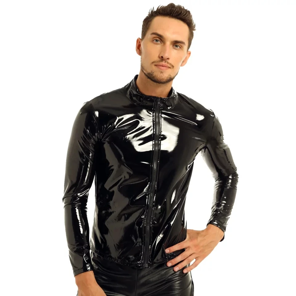 Plus Size Men Sexy Glossy PVC Leather Shirt Erotic Shaping Sheath Latex Casual Coat Male Shiny Metallic Leather Jacket Tops Sexi