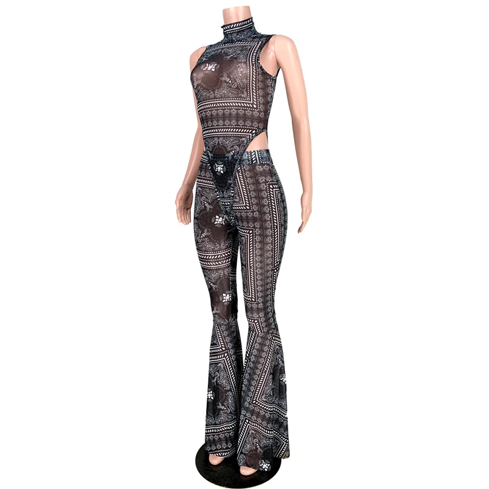 Sexy Bandanna Print Bodysuit for Women, Flare Pants Suit, Fashion Tracksuit, Fitness Outfit, Matching Set, Promotion, 2 Pcs