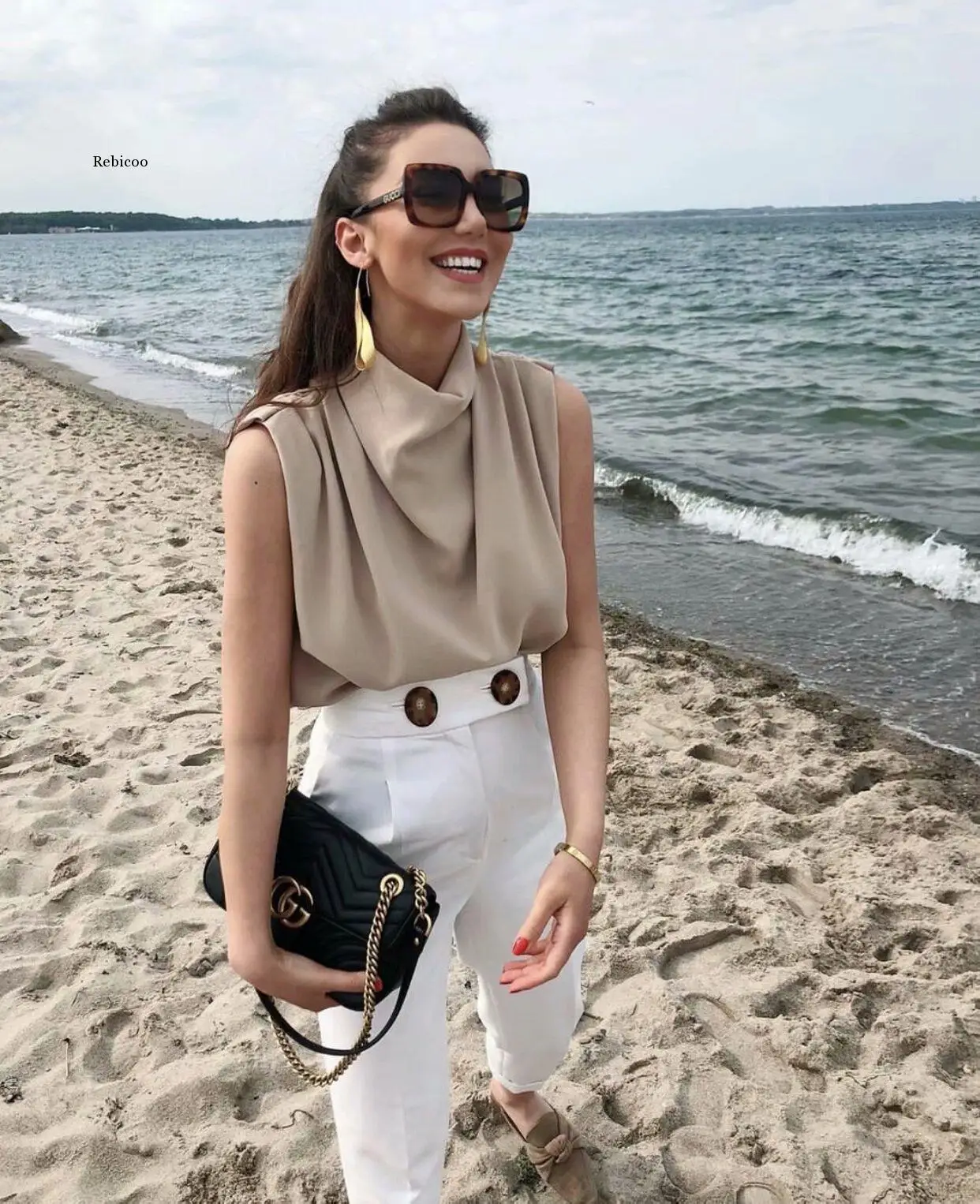 Draped Collar Womens Tops and Blouses Elegant Sleeveless Solid Office Blouse Ladies Shirt Casual Top Female Streetwear