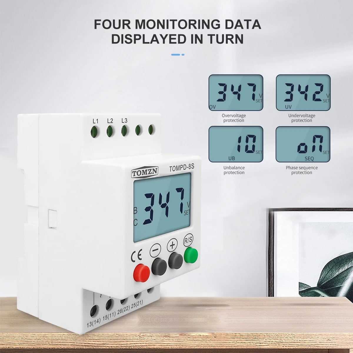 3 Phase Din rail Voltage Monitoring Sequence Protection Relay  adjustable Under Over Voltage Protector