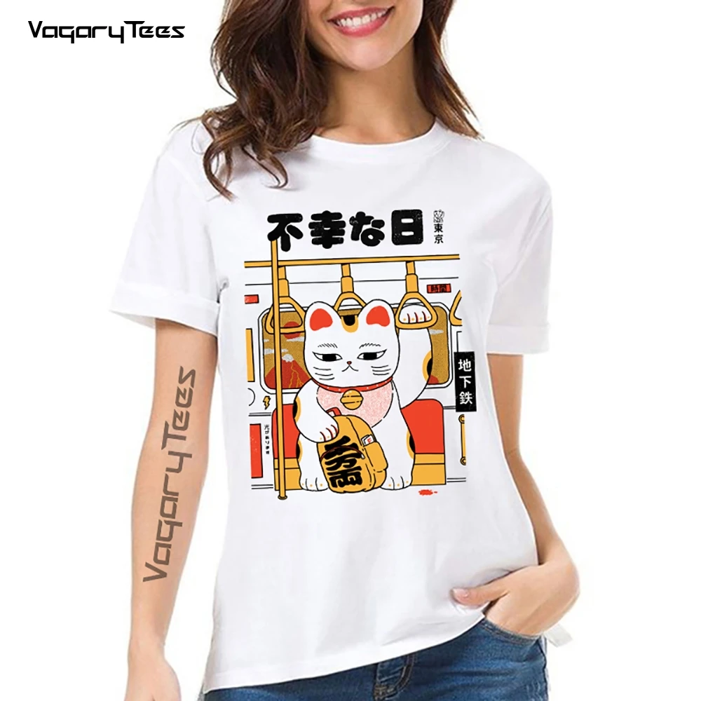 Summer new white casual Maneki Neko short sleeve Fortune Cat No lucky day print funny cartoon cat cute girl streetwear t shirt