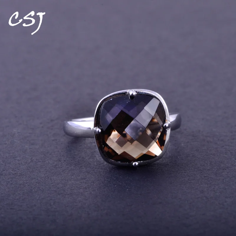 CSJ Smoky Quartz Rings Sterling 925 Silver Natural Gemstone Cushion 12mm  Women Lady Wedding Engagment Party Gift Box