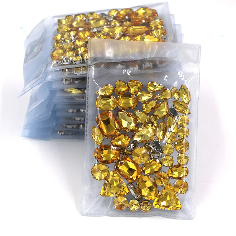 Atacado 5 sacos strass em formato misto dourado amarelo cristal costura em strass base garras roupas faça você mesmo