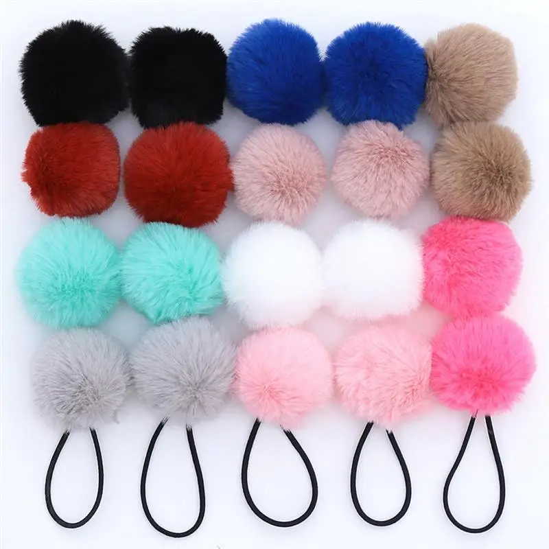 1pc Solid Color Kids Hair Rope Elastic Lovely Plush Pompom Decor Hair Tie Ponytail Holder Hair Accessories For Women Girls