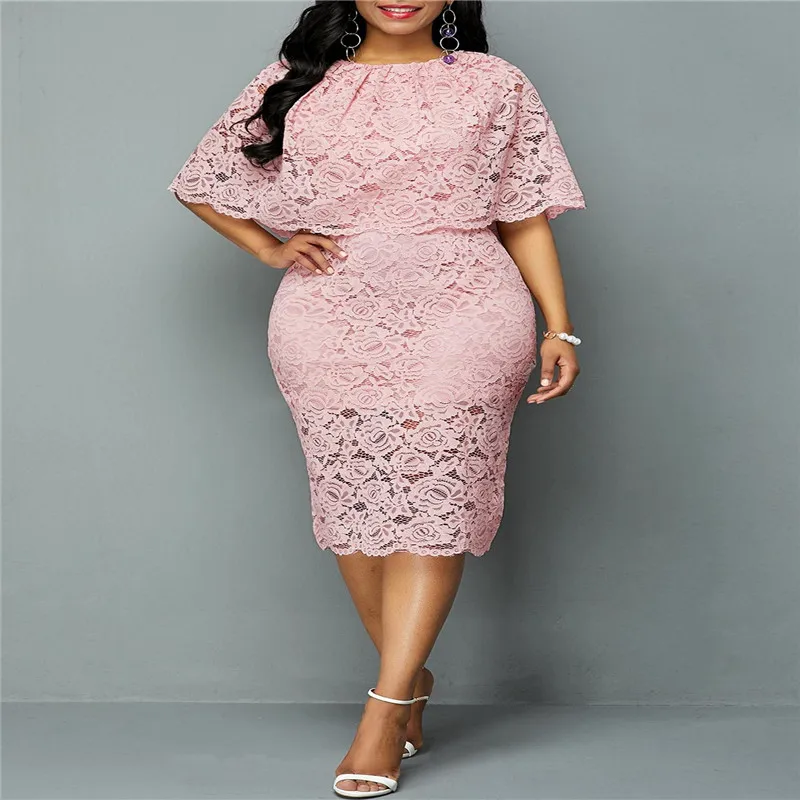 5XL 6XL Damska letnia jesienna sukienka Elegancka różowa koronkowa sukienka Kobiece sukienki wieczorowe Vestido Oversized