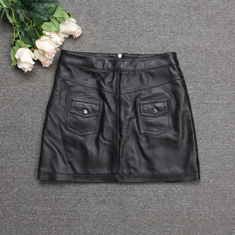 Genuine New Leather Wrap Skirts Women Slim Fit Multi-Pockets Zippers Autumn Winter Sheepskin A-Line Skirts High Street Black