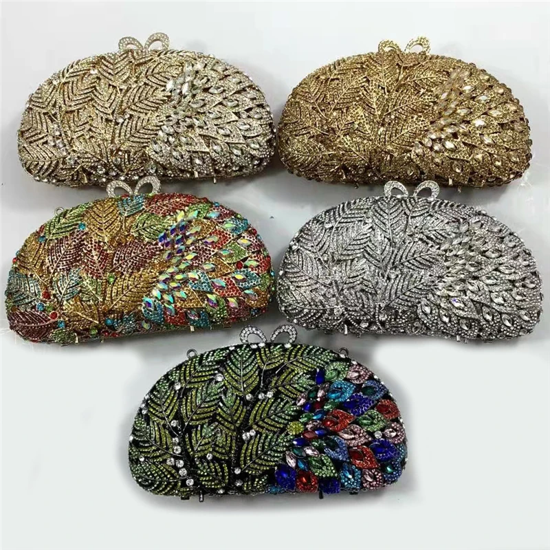 

Metal Handmade Bag Shiny Leaf Ladies Luxury Hollow Dinner Bag Crystal Rhinestone Diamond Wedding Clutch