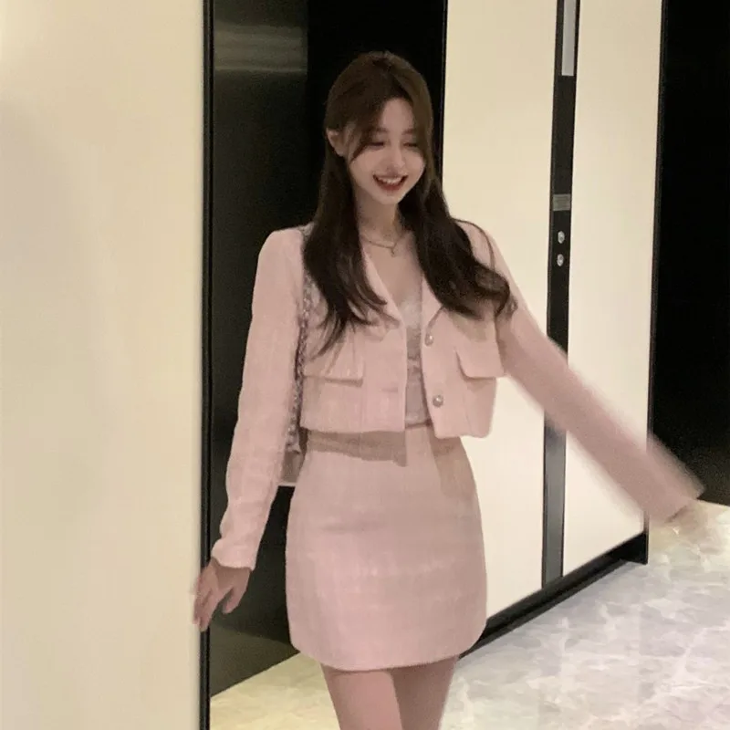 Autumn Small Fragrance Vintage Tweed 2 Piece Set Winter Women Woolen Short Jacket Coat + A-Line Mini Skirts Sets Sweet Pink Suit