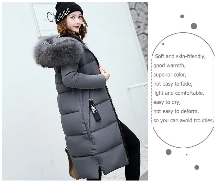 2025 Women's Down Parkas Winter Jacket Big Fur Collar Thick Slim Coat Fashion Hooded Cotton Outerwear Long Winter Woman Coat