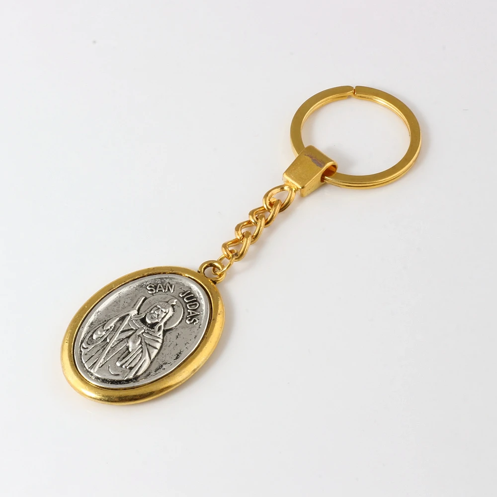 1Pcs Keychain Two-Tone San Judas Tadeo Ruega Por Nosotros Charms Pendants Key Ring Travel Protection DIY Jewelry A-549f