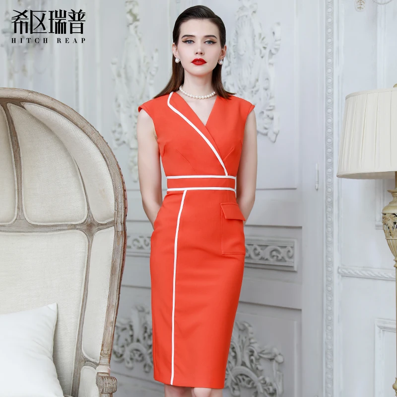 Temperament Waist Dress Summer New Sleeveless Open Line Decorative Pencil Skirt Slim Mid Length