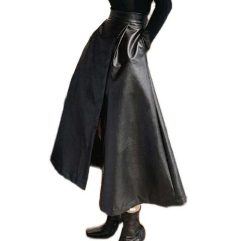 

Back long skirt women split high-waisted pu leather swing A-line skirt