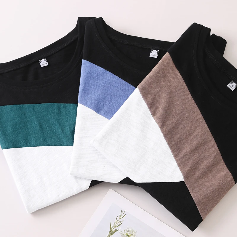 Patchwork Bamboo Cotton Women Summer T-Shirts 2023 New Loose O-Neck Soft Green Blue Tshirt Feminine Rainbow Colors Splicing Tops