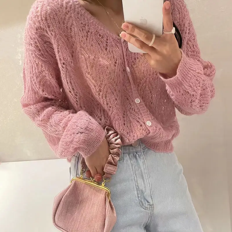 Cardigan Women V-neck Sexy Hollow Out Long Sleeve Single Breasted Sweet Solid Color Female Daily Thin Spring Autumn Breathable