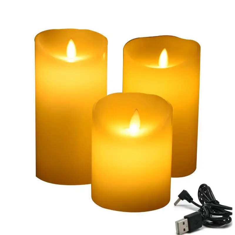 USB Rechargeable Flameless Electric Candles Ivory Dripless Paraffin Wax Dancing Moving wick Pillar Candle Home Bar Wedding Xmas