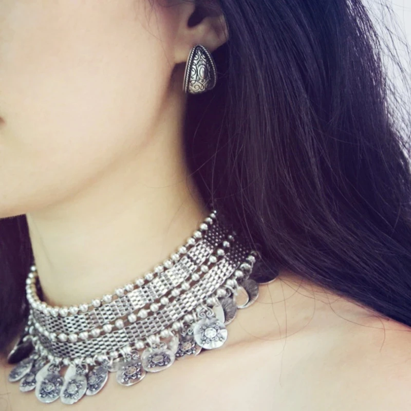 Indian Vintage Metal Coin Tassel Collar Choker Bib Statement Chunky Necklaces for Women Female Gypsy Turkish Party Jewelry Gift