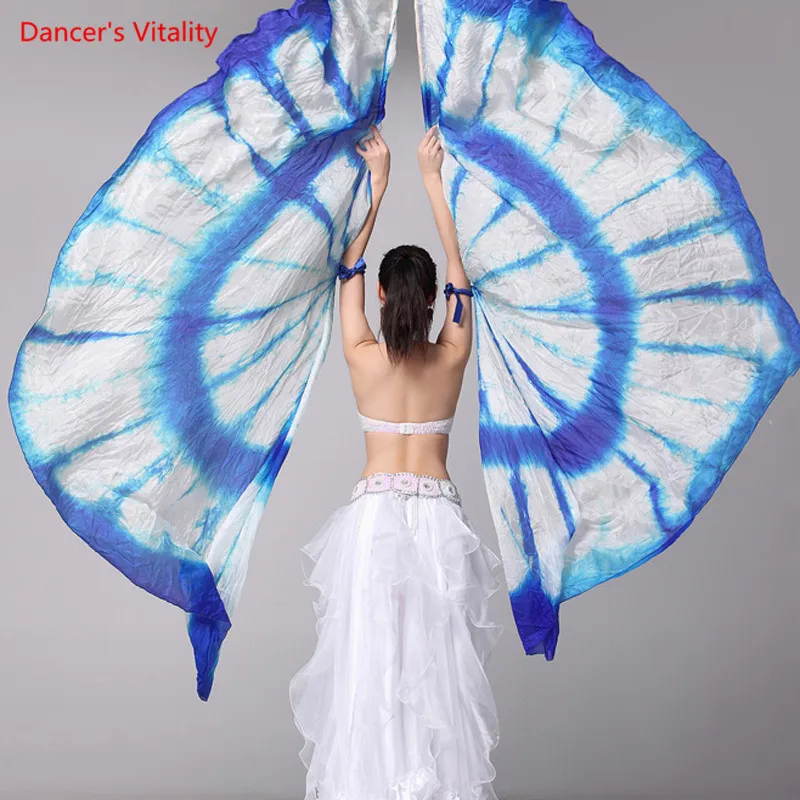 100% Silk Stage Performance Props 1 Pair Half Circle Silk Veil Dance Right/Left Hand Gold Belly Dance Veils Color Isis Wings