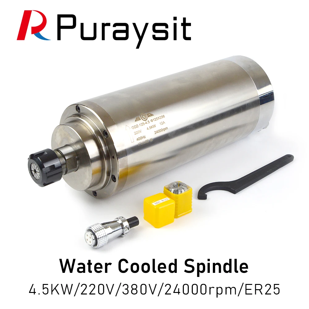 Puraysit Water Cooling Spindle GDZ-125-4.5KW ER25 380V 8A 220v 12A 24000rpm CNC Router Spindle Motor for CNC Router Machines