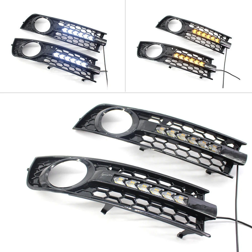 Car Day Runing DRL Turn Signal Fog Light Cover Grille w/ LED For Audi A4 B6 Sedan 2001 2002 2003 2004 2005 Matt Black 2pcs