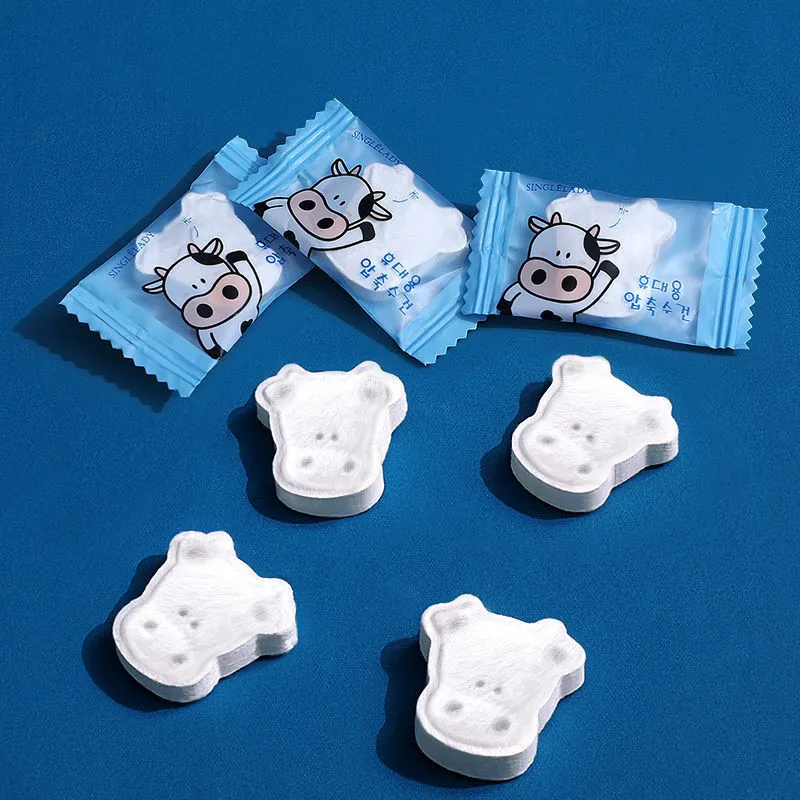 50pcs Cartoon Cow Compressed Towel Disposable Face Towel Cleansing Travel Portable Cotton Pad Multifunction  Face Tissue