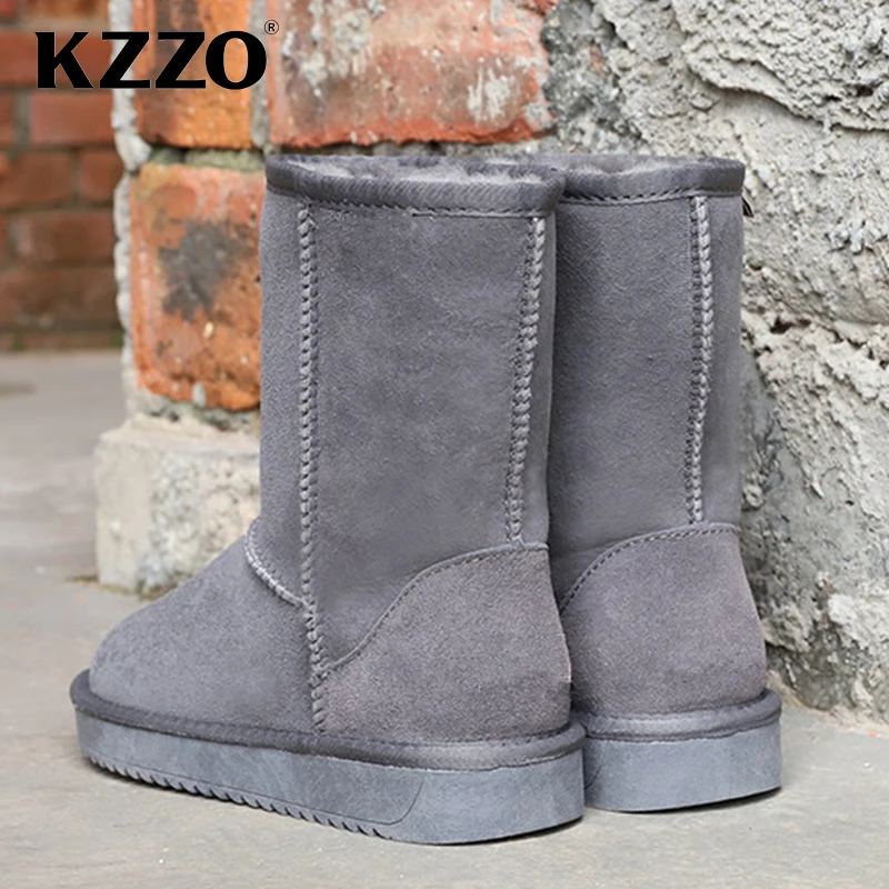 KZZO Australian Classic Mid-calf Men Snow Boots 100% Genuine Leather Natural Wool Lined Casual Winter Warm Non-slip Shoes 38-47