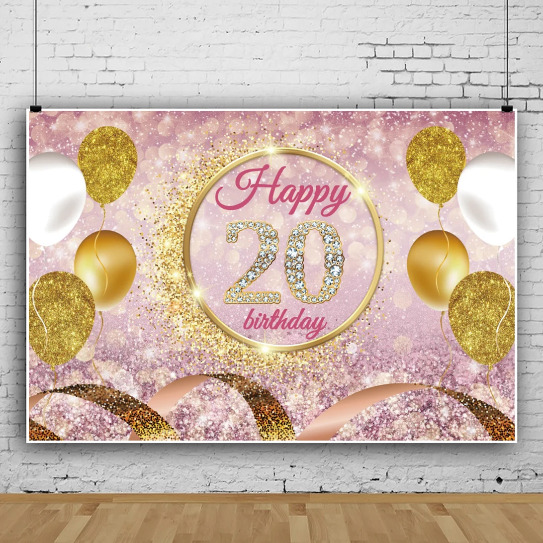 Laeacco Happy 20th Birthday Gold Glitters Balloons Light Bokeh Background Portrait Personalized Poster Photographic Backdrops