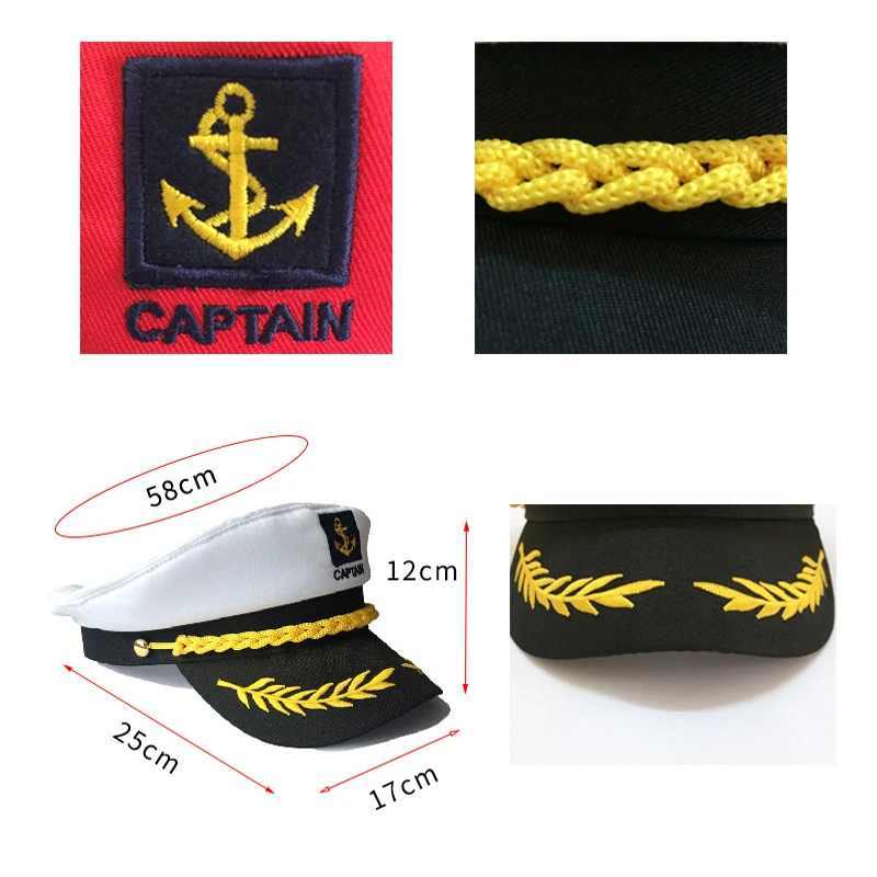 Adult Yacht Military Hats Boat Skipper Ship Sailor Captain Costume Hat adjustable Cap Navy Marine Admiral Men Women White Red