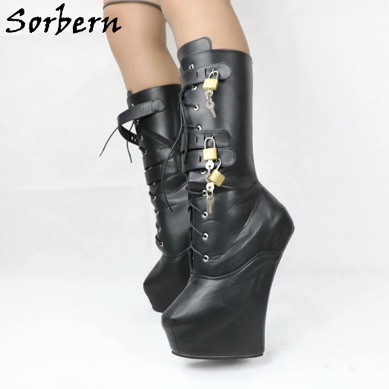 Sorbern Mid Calf Heelless Lockable Boots Women Hoof Shoes Ladies Custom Fetish Thick Heels Womens Boots Extreme High Heels