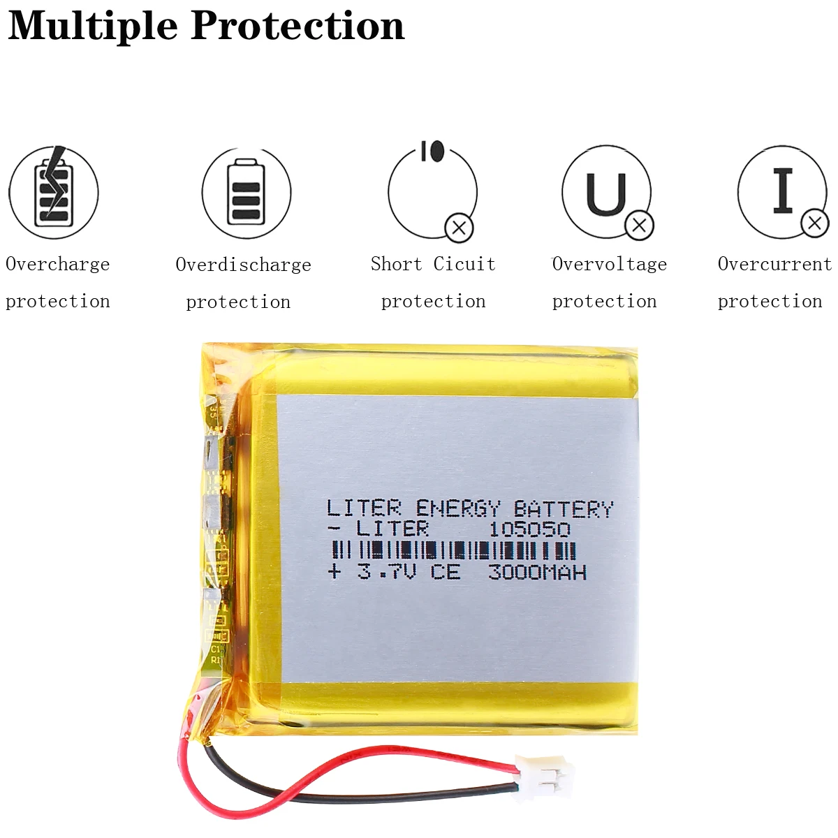 JST XHR 2.0mm 2pin 3.7V 3000mah 105050 Lithium Polymer LiPo Rechargeable Battery For Mp3 Mp4 Mp5 DIY