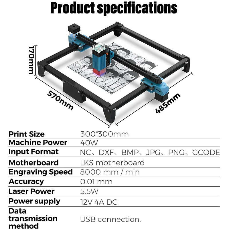 Laser Engraver Laser Cutting Machine 5.5W LD+FAC for Wood, Leather 300x300mm