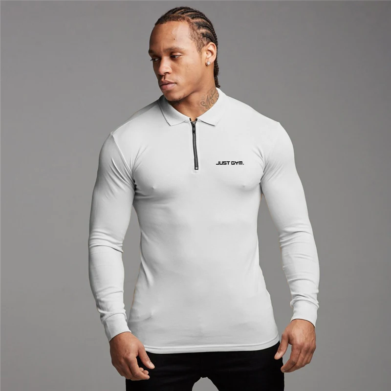 Polo Shirt Mens Gym Clothing Workout Polo Shirts Cotton Breathable Sports Long Sleeve tee Fashion Brand Bodybuilding Men\'s Polos