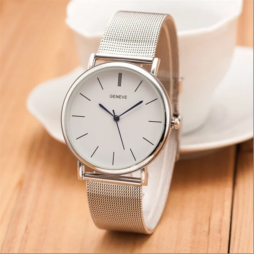 Pop Vogue Unisex Women Ladies Silver Stainless Steel Mesh Band Silver Wrist Watches ladies watch relogio Vogueable montre