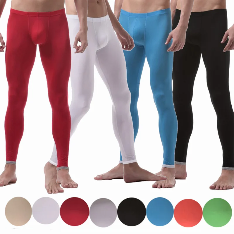 

Sexy Mens Long Johns Ice Silk Trousers Seamless Underwear Bulge Pouch Sleep Bottoms Fitness Sport Pants Stretch Tight Leggings