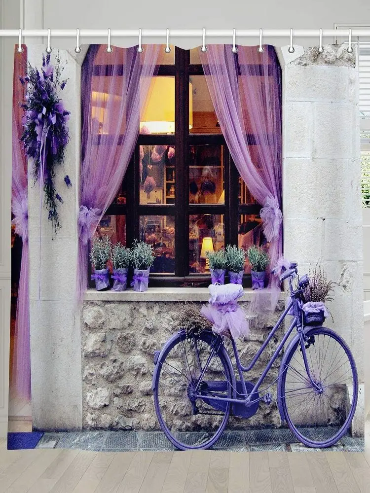 Bicycle Shower Curtain, Purple Bike Docked by The Window with Lavender Flowers Romantic Wedding Style,Waterproof Shower Curtain