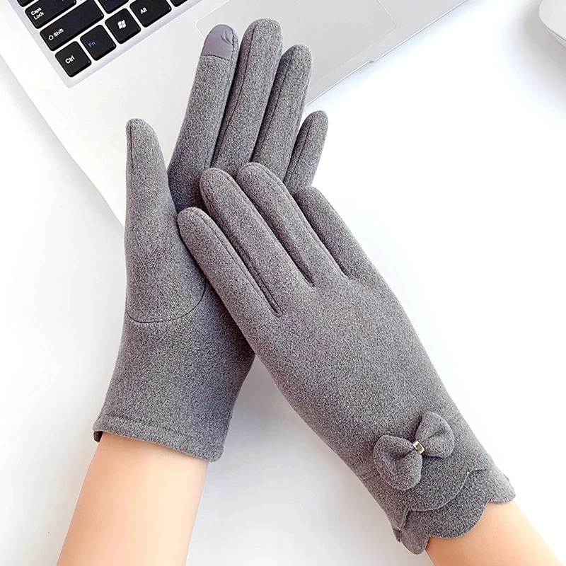 

Women Winter Elasticity Thin Lace Bow Full Finger Warm Glove Outdoor Sports Cycling Coldproof Touch Screen Driving Mitten R59