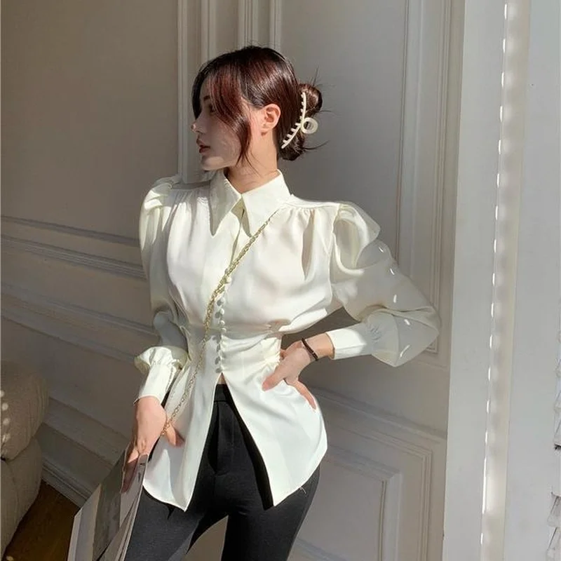 Shirts Women Vintage Fashion Design Puff Sleeve Sexy Split Spring Autumn Harajuku Elegant Office Lady Casual Tunic College Retro